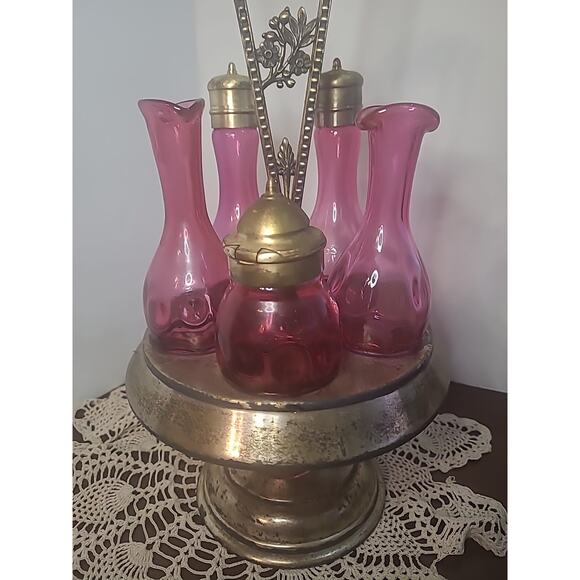 Vintage Cruet Simpson Hall Miller Quad Silverplate Cranberry Cut Glass Decor DIY - Picture 3 of 16